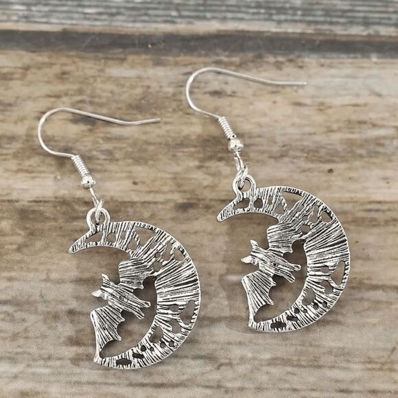 Moonstone Silver Vampire Bat Filigree Crescent Moon Dangle Earrings - Picture 5 of 5